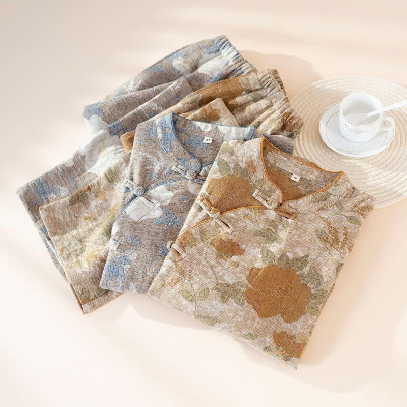 Vintage-Pyjama-Set aus Baumwolle mit Blumenmuster und Stehkragen - image 1