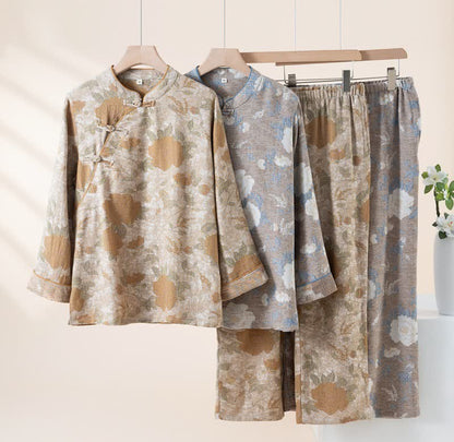 Vintage-Pyjama-Set aus Baumwolle mit Blumenmuster und Stehkragen - image 0