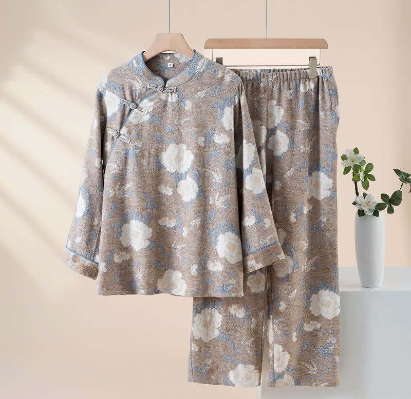 Vintage-Pyjama-Set aus Baumwolle mit Blumenmuster und Stehkragen - Grau - XL - image 11