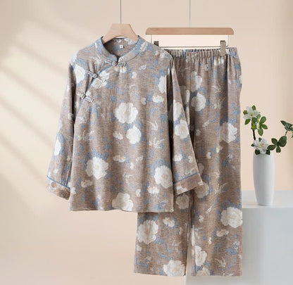 Vintage-Pyjama-Set aus Baumwolle mit Blumenmuster und Stehkragen - Grau - XL - image 11