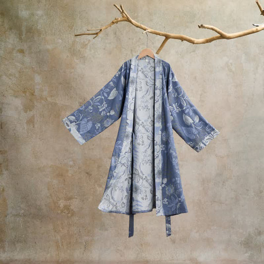 Kimono-Robe aus Baumwollgaze mit pastoralem Blattmuster - Blau - L - image 0