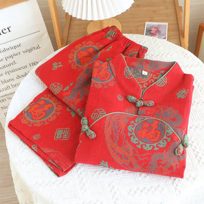 Glückverheißendes Baumwoll-Pyjama-Set mit Stehkragen - image 2