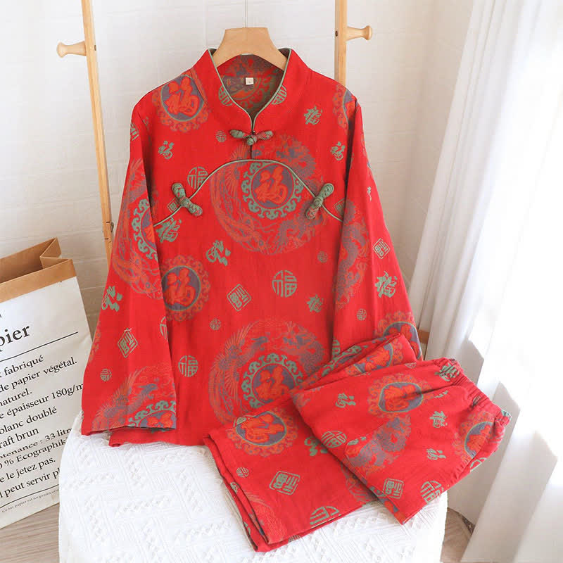 Glückverheißendes Baumwoll-Pyjama-Set mit Stehkragen - image 1