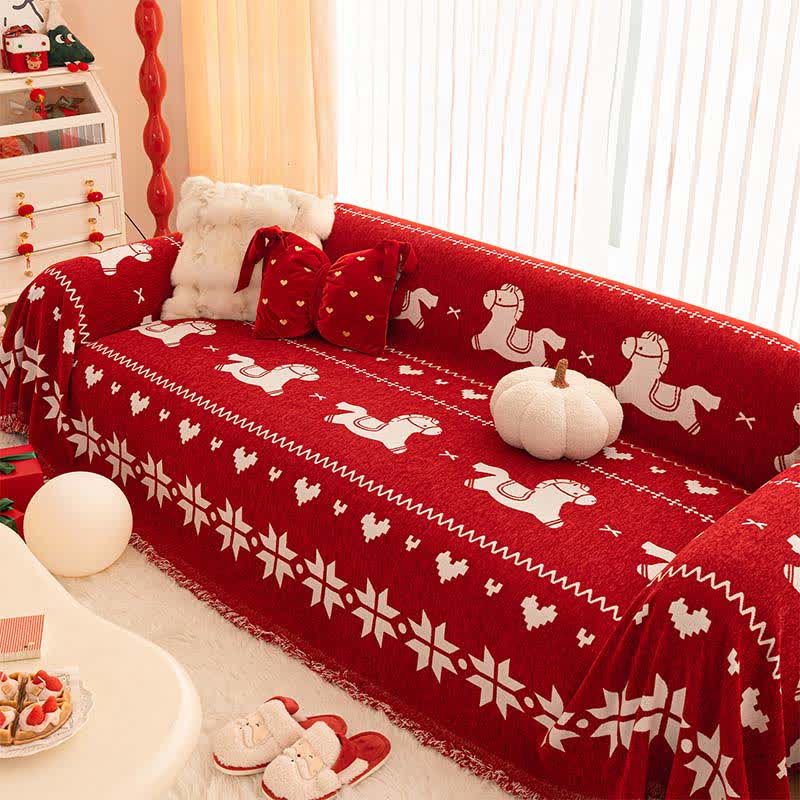 Neujahrs-Chenille-Sofabezug mit Glückspferd - 180cm x 460cm - image 0