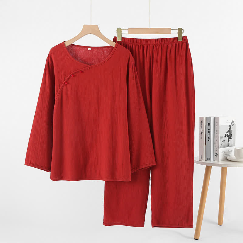 Minimalistisches rotes Baumwollpyjama-Set für Paare - Asymmetrischer Hals - Rot - Damen: XL - image 3