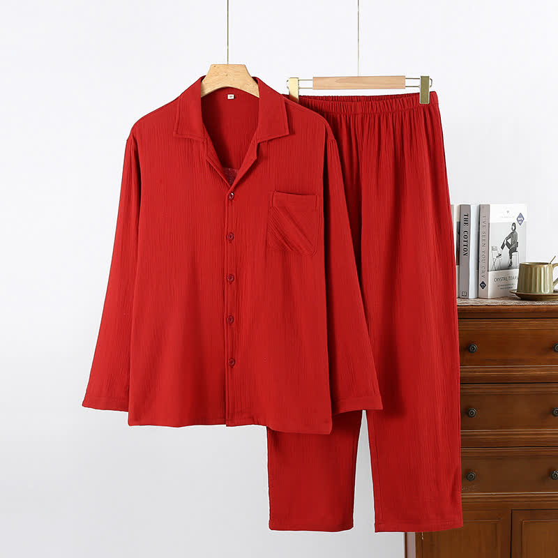 Minimalistisches rotes Baumwollpyjama-Set für Paare - Reverskragen - Rot - Herren: XL - image 1