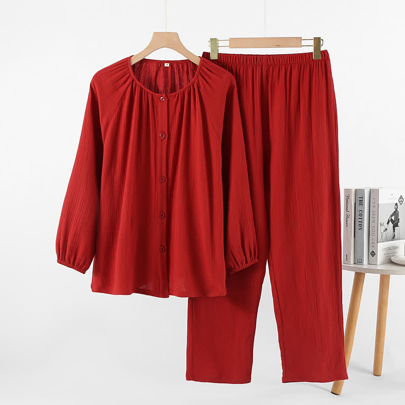 Minimalistisches rotes Baumwollpyjama-Set für Paare - Rundhalsausschnitt - Rot - Damen: XL - image 2