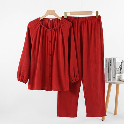 Minimalistisches rotes Baumwollpyjama-Set für Paare - Rundhalsausschnitt - Rot - Damen: XL - image 2