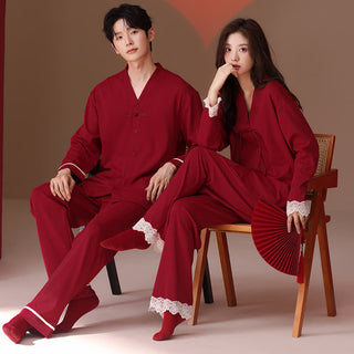 Vintage Baumwoll-Pyjama-Set für Paare mit V-Ausschnitt - image 0