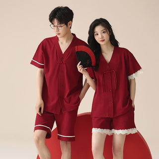 Kurzarm-Pyjama-Set aus Baumwolle für Paare - Rot - Frauen - XXL - image 0
