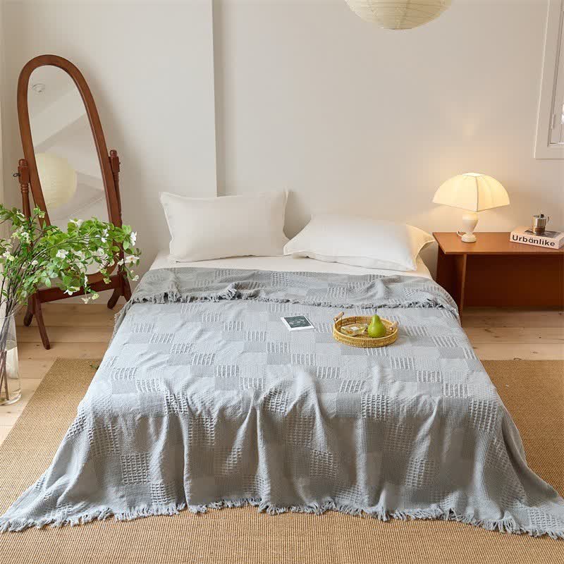 Baumwoll-Steppdecke mit Waffelpiqué-Verzierung und Quasten - Grau - 200cm x 230cm - image 10