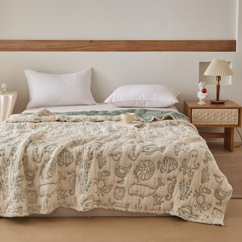 Quilt aus Baumwollgaze mit Meeresmotiven - Grün - 200cm x 230cm - image 4