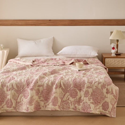 Wendbare Baumwollgaze-Steppdecke mit Pfingstrosenmuster - Rosa - 200cm x 230cm - image 0