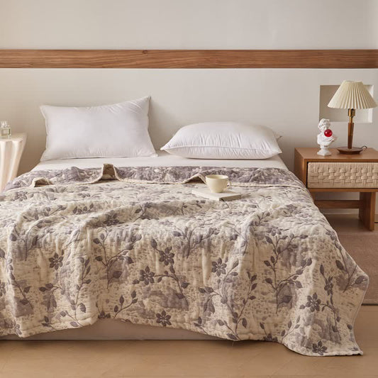 Patchworkdecke aus Baumwollgaze mit floralem Rankenmuster - Kaffee - 200cm x 230cm - image 0