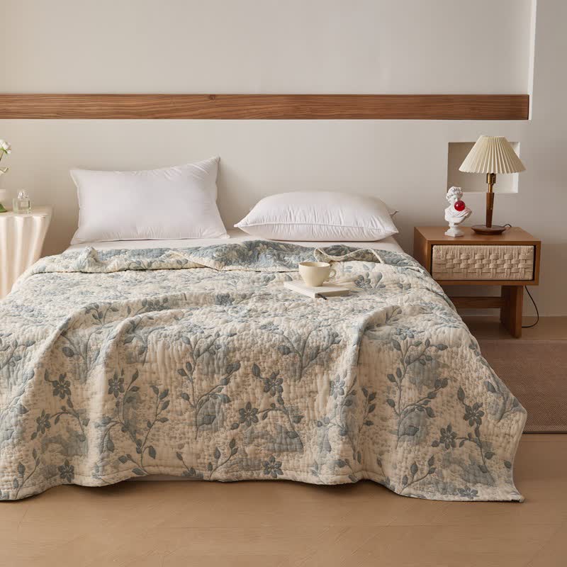 Patchworkdecke aus Baumwollgaze mit floralem Rankenmuster - Cyan - 200cm x 230cm - image 6