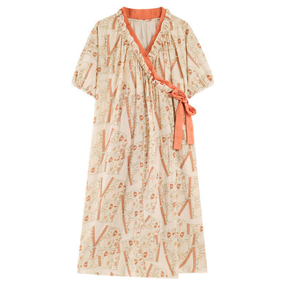 Nachthemd mit Vintage-Muster, Rüschenkragen und seitlicher Bindefläche - image 8