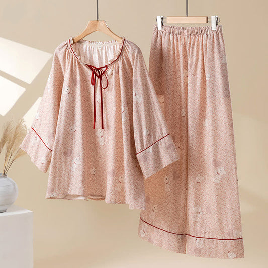 Loungewear-Set aus Baumwolle mit Rüschen und Blumenmuster und Bärenmotiv - Rosa - XL - image 0