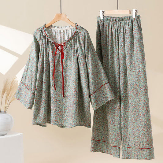 Grünes, geblümtes Loungewear-Set aus Baumwolle mit Rüschen - Grün  - XL - image 0