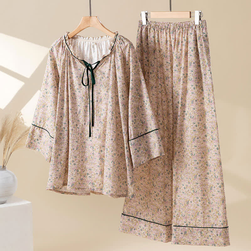 Ländliches, florales Baumwoll-Loungewear-Set mit Rüschen - Dunkelrosa - XL - image 0