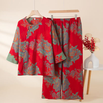 Vintage orientalischer Baumwollpyjama-Set mit Pfingstrosenmuster - image 3