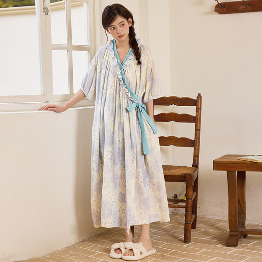 Künstlerisches Vintage-Nachthemd mit Rüschenkragen und seitlicher Bindefläche - Blau  - XXL - image 0