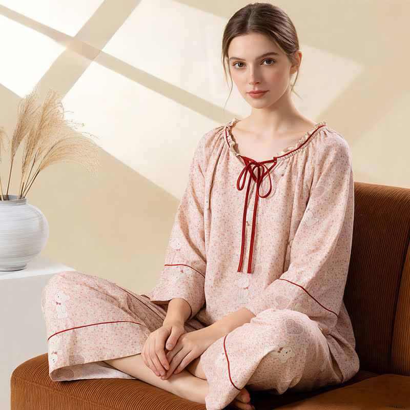 Loungewear-Set aus Baumwolle mit Rüschen und Blumenmuster und Bärenmotiv - image 1