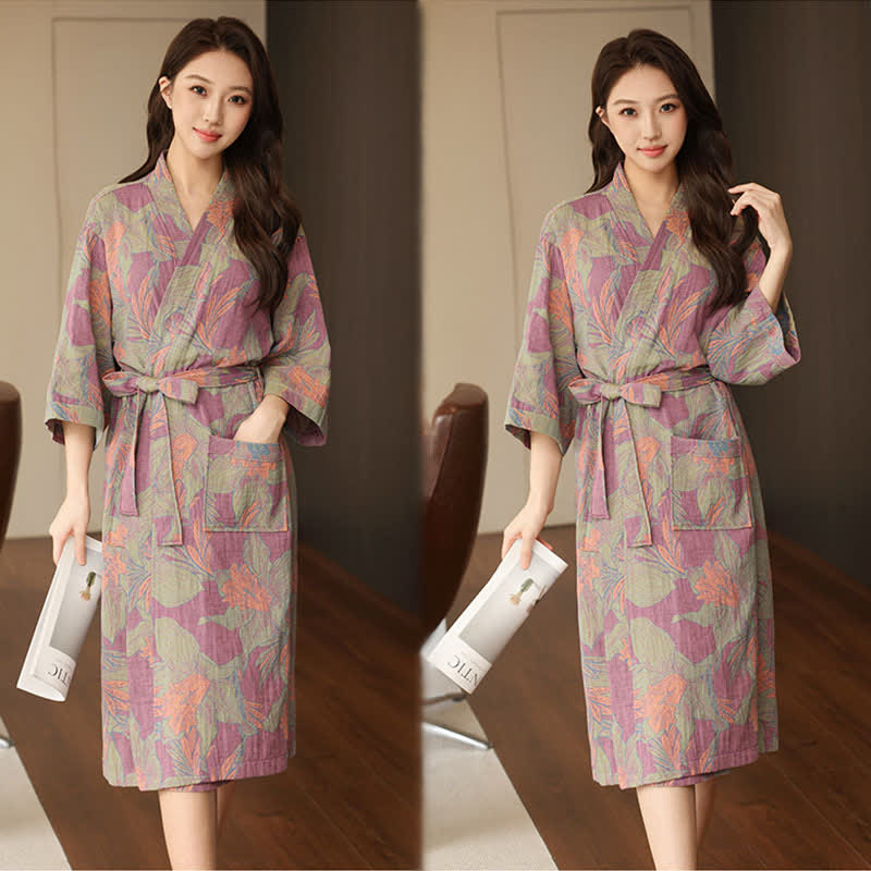 Kimono-Bademantel aus Baumwoll-Doppelgaze mit Blumenmuster - image 5