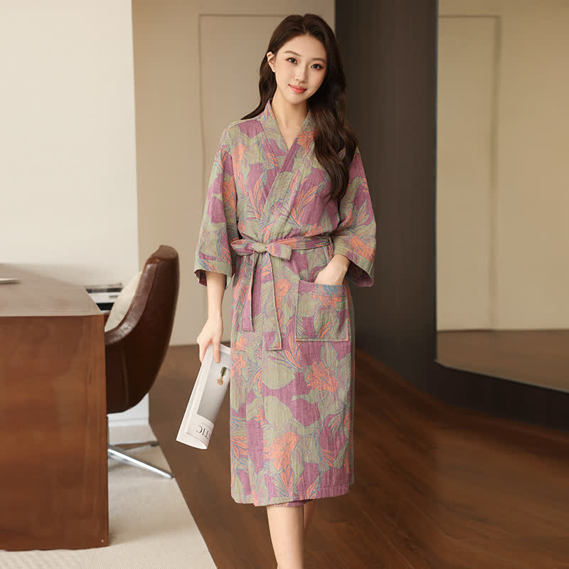 Kimono-Bademantel aus Baumwoll-Doppelgaze mit Blumenmuster - Lila - XL - image 4