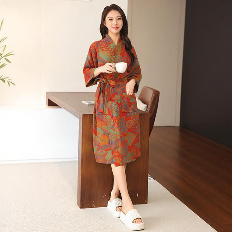 Kimono-Bademantel aus doppellagigem Baumwollgewebe mit Blumenmuster - image 2