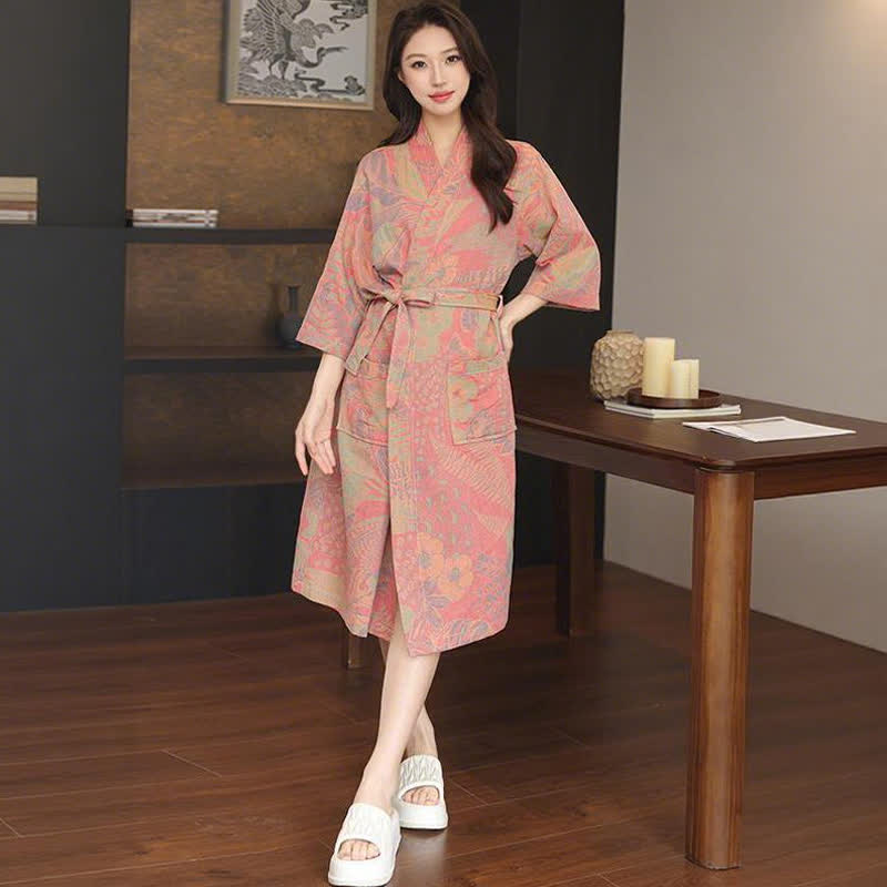 Kimono-Bademantel aus doppellagigem Baumwollgewebe mit Blumenmuster - Rosa - XL - image 3