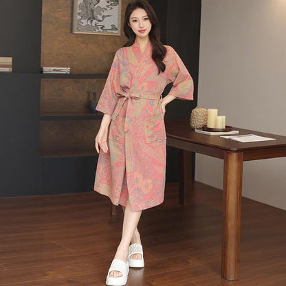 Kimono-Bademantel aus doppellagigem Baumwollgewebe mit Blumenmuster - Rosa - XL - image 3