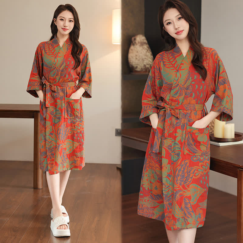 Kimono-Bademantel aus doppellagigem Baumwollgewebe mit Blumenmuster - image 1