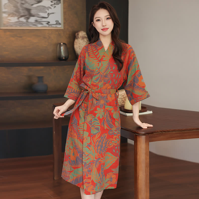 Kimono-Bademantel aus doppellagigem Baumwollgewebe mit Blumenmuster - Rot - XL - image 0