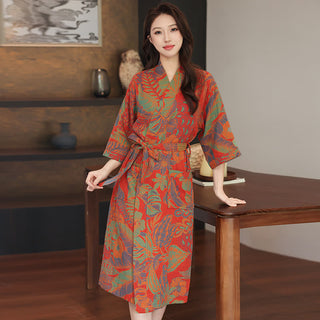 Kimono-Bademantel aus doppellagigem Baumwollgewebe mit Blumenmuster - Rot - XL - image 0