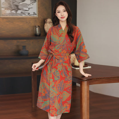 Kimono-Bademantel aus doppellagigem Baumwollgewebe mit Blumenmuster - Rot - XL - image 0