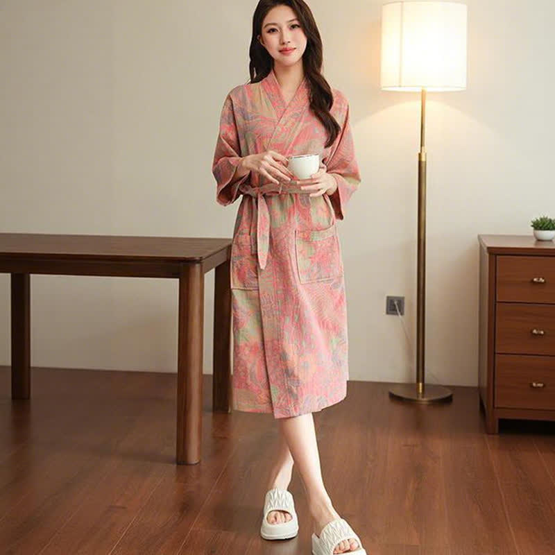 Kimono-Bademantel aus doppellagigem Baumwollgewebe mit Blumenmuster - image 5