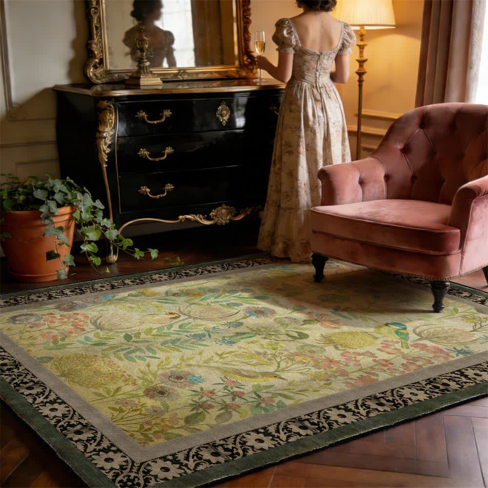Rutschfester Teppich mit Landhausmuster, Blumen- und Vogelmotiv - 95" x 119" - image 0