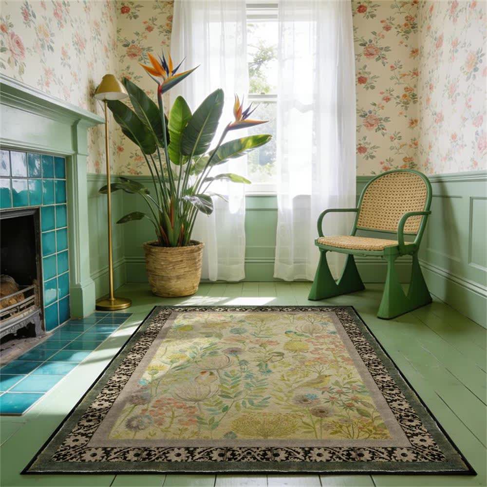 Rutschfester Teppich mit Landhausmuster, Blumen- und Vogelmotiv - image 1