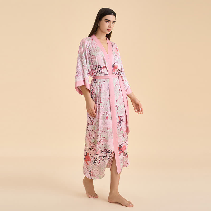 Orientalischer rosa Bademantel im Kimono-Stil mit Blumenmuster - image 2
