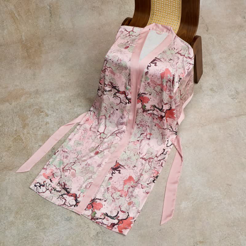 Orientalischer rosa Bademantel im Kimono-Stil mit Blumenmuster - image 4
