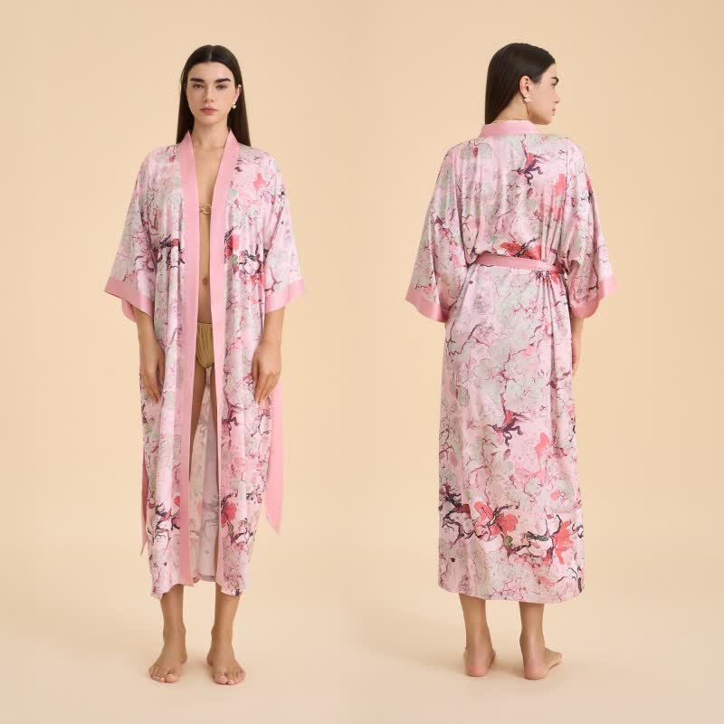Orientalischer rosa Bademantel im Kimono-Stil mit Blumenmuster - image 1