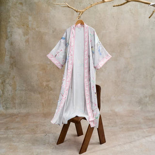 Bademantel im Kimono-Stil mit Pfirsichblüten- und Vogelmotiv - Grau - Einheitsgröße - image 0