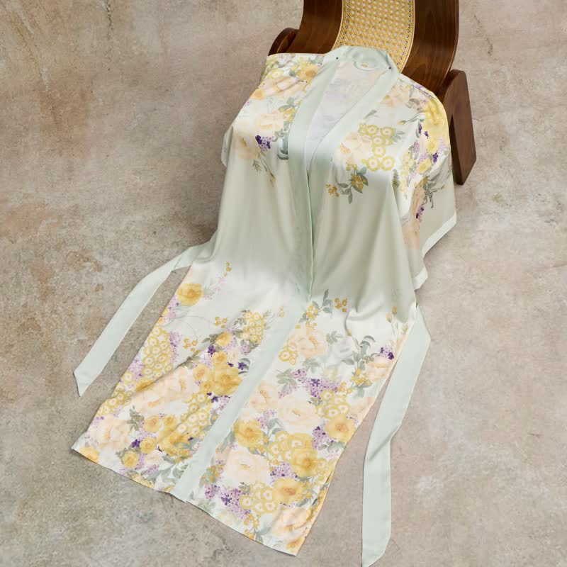 Orientalischer gelber Bademantel im Kimono-Stil mit Blumenmuster - image 3