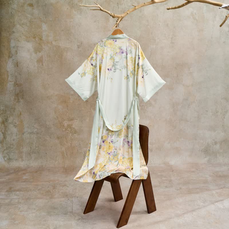 Orientalischer gelber Bademantel im Kimono-Stil mit Blumenmuster - image 4