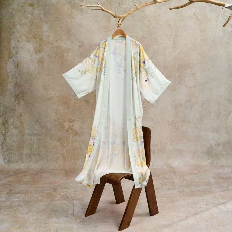Orientalischer gelber Bademantel im Kimono-Stil mit Blumenmuster - image 2
