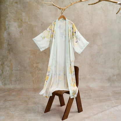 Orientalischer gelber Bademantel im Kimono-Stil mit Blumenmuster - image 2