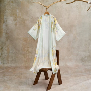Orientalischer gelber Bademantel im Kimono-Stil mit Blumenmuster - Beige - Einheitsgröße - image 0