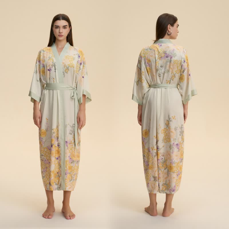 Orientalischer gelber Bademantel im Kimono-Stil mit Blumenmuster - image 1