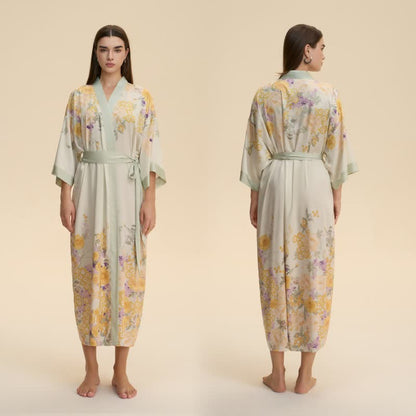 Orientalischer gelber Bademantel im Kimono-Stil mit Blumenmuster - image 1