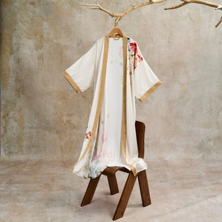 Orientalischer, luxuriöser Bademantel im Kimono-Stil mit Blumenmuster - Beige - Einheitsgröße - image 0
